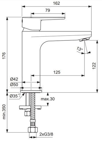 IDEAL STANDARD CERAFINE O umývadlová stojanková batéria, čierna BC554XG Technický nákres
