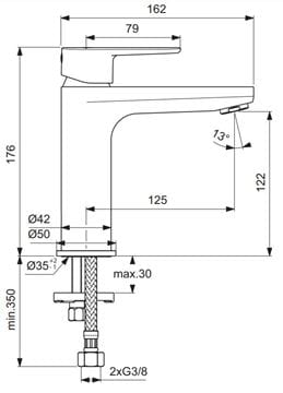 IDEAL STANDARD CERAFINE O umývadlová stojanková batéria, čierna BC554XG Technický nákres