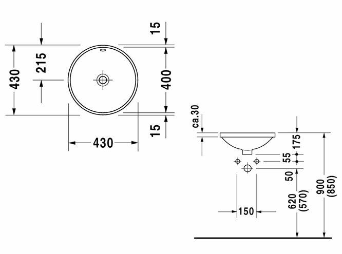 DURAVIT ARCHITEC umývadlo 40 cm, s prepadom 0468400000 Technický nákres