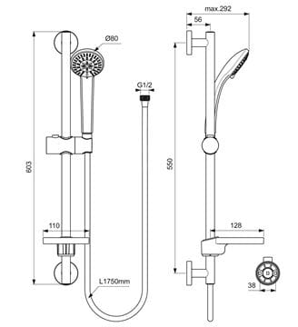 IDEAL STANDARD IDEALRAIN SOFT S3 sprchová súprava 4-dielna, ručná sprcha pr. 80 mm, 3 prúdy, tyč, hadica, mydelnička, chróm B9503AA Technický nákres