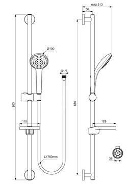 IDEAL STANDARD IDEALRAIN M1 sprchová súprava 4-dielna, ručná sprcha pr. 100 mm, tyč, hadica, mydelnička, chróm B9414AA Technický nákres