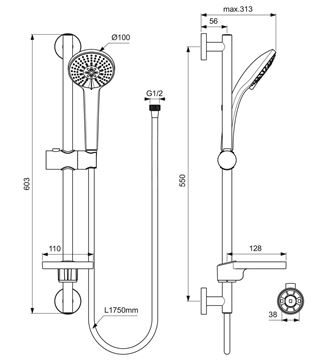 IDEAL STANDARD IDEALRAIN SOFT M1 sprchová súprava 4-dielna, ručná sprcha pr. 100 mm, tyč, hadica, mydelnička, chróm B9412AA Technický nákres