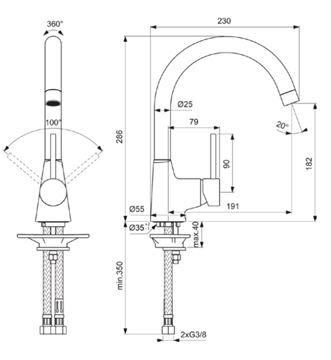 IDEAL STANDARD NORA drezová batéria, chróm B9328AA Technický nákres