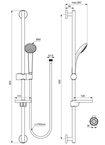 IDEAL STANDARD IDEALRAIN SOFT S1 sprchová súprava 4-dielna, ručná sprcha pr. 80 mm, tyč, hadica, mydelnička, chróm B9502AA Technický nákres