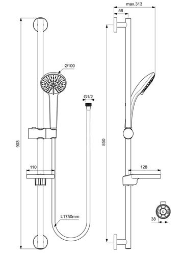 IDEAL STANDARD IDEALRAIN M3 sprchová súprava 4-dielna, ručná sprcha pr. 100 mm, 3 prúdy, tyč, hadica, mydelnička, chróm B9417AA Technický nákres