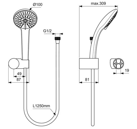 IDEAL STANDARD IDEALRAIN SOFT M3 sprchová súprava 3-dielna, ručná sprcha pr. 100 mm, 3 prúdy, hadica, držiak, chróm B9452AA Technický nákres