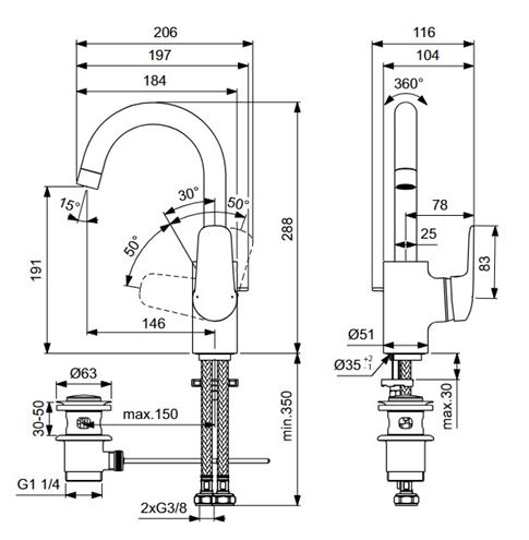 IDEAL STANDARD CERAFLEX umývadlová stojanková batéria, s odtokovou súpravou, chróm B1716AA Technický nákres