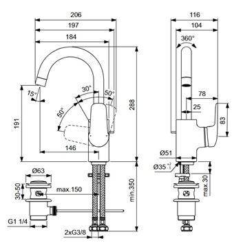 IDEAL STANDARD CERAFLEX umývadlová stojanková batéria, s odtokovou súpravou, chróm B1716AA Technický nákres