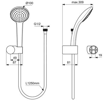 IDEAL STANDARD IDEALRAIN SOFT M1 sprchová súprava 3-dielna, ručná sprcha pr. 100 mm, hadica, držiak, chróm B9451AA Technický nákres