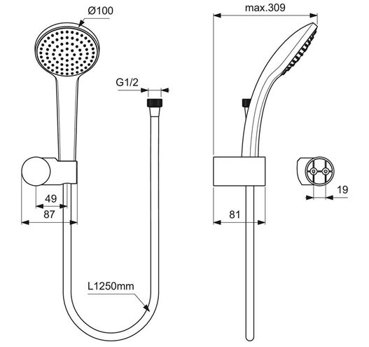 IDEAL STANDARD IDEALRAIN SOFT M1 sprchová súprava 3-dielna, ručná sprcha pr. 100 mm, hadica, držiak, chróm B9451AA Technický nákres