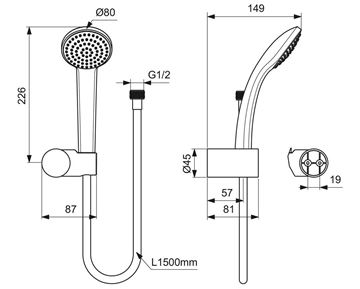 IDEAL STANDARD IDEALRAIN SOFT S1 sprchová súprava 3-dielna, ručná sprcha pr. 80 mm, hadica, držiak, chróm B9506AA Technický nákres
