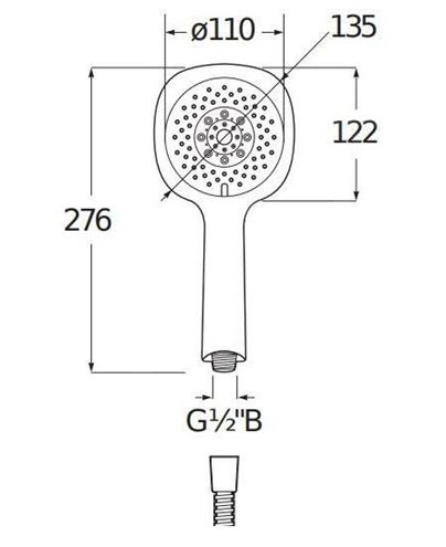 JIKA CUBITO-N sprchová súprava 4-dielna, ručná sprcha 130x130 mm, 4 prúdy, tyč, hadica, mydelnička, chróm H3651X00044731 Technický nákres