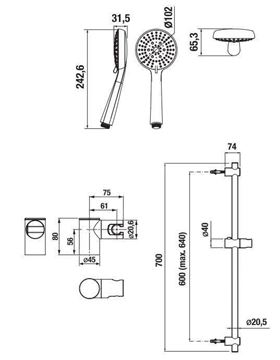 JIKA RIO sprchová súprava 3-dielna, ručná sprcha pr. 102 mm, 3 prúdy, tyč, hadica, chróm/nerez H3651R00043731 Technický nákres
