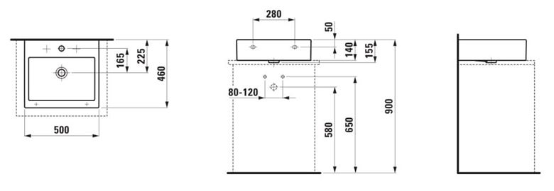 LAUFEN LIVING CITY umývadlo na dosku 50 cm, s otvorom pre batériu a prepadom, brúsené H8174320001041 Technický nákres
