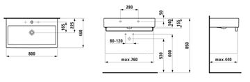 LAUFEN LIVING CITY umývadlo 80 cm, s otvorom pre batériu a prepadom H8174360001041 Technický nákres