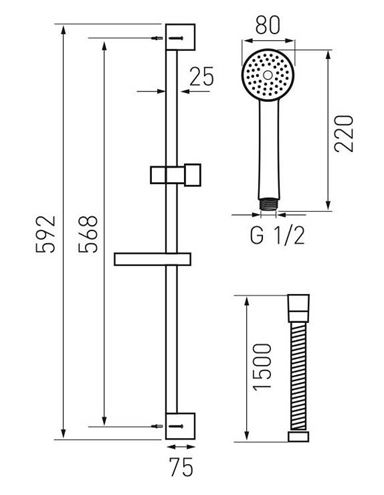 NOVASERVIS sprchová súprava 4-dielna, ručná sprcha pr. 80 mm, 3 prúdy, tyč, hadica, mydelnička, chróm KIT869,0 Technický nákres