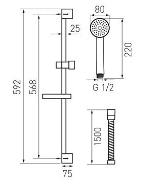 NOVASERVIS sprchová súprava 4-dielna, ručná sprcha pr. 80 mm, 3 prúdy, tyč, hadica, mydelnička, chróm KIT869,0 Technický nákres