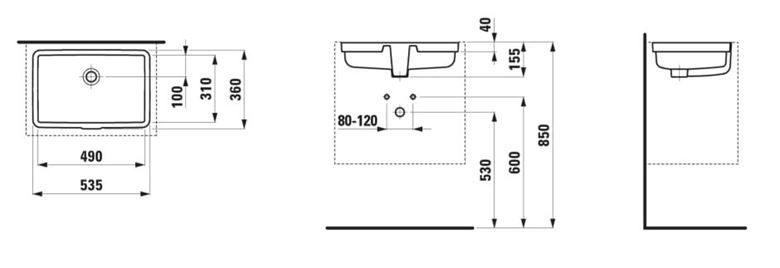 LAUFEN LIVING CITY umývadlo 49 cm, s prepadom H8124300001091 Technický nákres