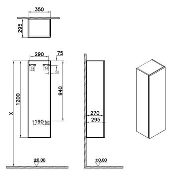 VITRA METROPOLE PURE nízka skrinka 35x29,5x120 cm, 1 dvierka, pánty vpravo, Push-open, graphite mat 67278 Technický nákres