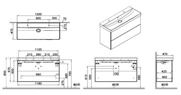 VITRA METROPOLE PURE skrinka s umývadlom 120x47x67, 5 cm, 2 zásuvky, Push-open, s osvetlením, graphite mat 67224 Technický nákres