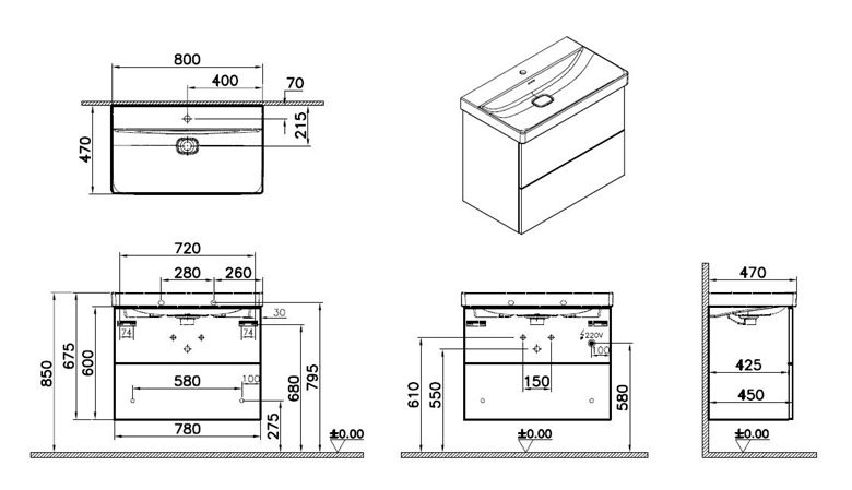 VITRA METROPOLE PUREskrinka s umývadlom 80x47x67, 5 cm, 2 zásuvky, Push-open, s osvetlením, graphite mat 67222 Technický nákres