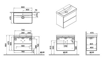 VITRA METROPOLE PUREskrinka s umývadlom 80x47x67, 5 cm, 2 zásuvky, Push-open, s osvetlením, graphite mat 67222 Technický nákres