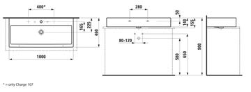 LAUFEN LIVING CITY umývadlo na dosku 100 cm, s 2 otvormi pre batérie a prepadom, brúsené H8184380001071 Technický nákres
