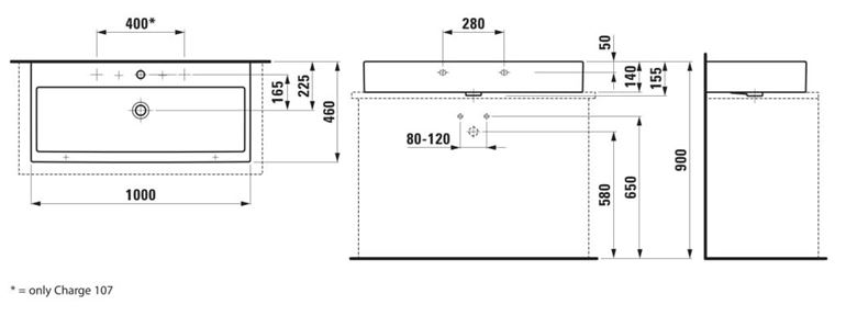 LAUFEN LIVING CITY umývadlo na dosku 100 cm, s 2 otvormi pre batérie a prepadom, brúsené H8184380001071 Technický nákres