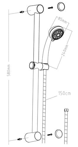 EASY sprchová súprava 3-dielna, ručná sprcha pr. 85 mm, 5 prúdov, tyč, hadica, chróm JA202 Technický nákres