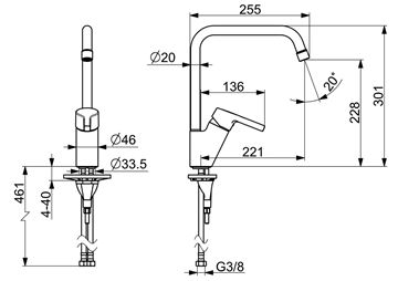 HANSA PALENO drezová batéria, chróm 56502203 Technický nákres
