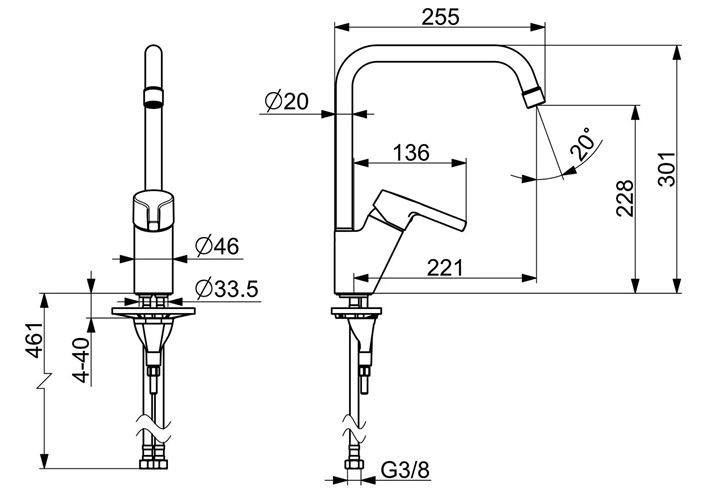 HANSA PALENO drezová batéria, chróm 56502203 Technický nákres