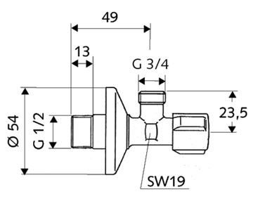 SCHELL COMFORT práčkový ventil 1/2"x3/4", chróm 033000699 Technický nákres