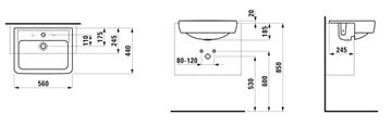 LAUFEN PRO umývadlo 56 cm, s otvorom pre batériu a prepadom H8129610001041 Technický nákres