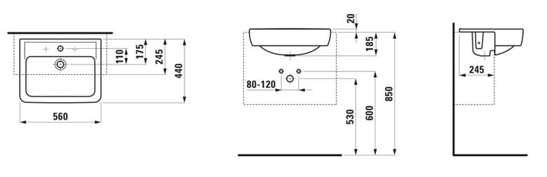 LAUFEN PRO umývadlo 56 cm, s otvorom pre batériu a prepadom H8129610001041 Technický nákres