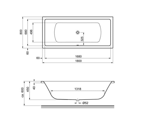 GKI MEMO vaňa 180x80 cm, pre 2 osoby, bez nožičiek, akrylát MEBW18080W Technický nákres