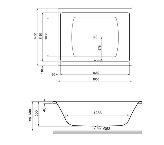 GKI MEMO vaňa 180x140 cm, pre 2 osoby, bez nožičiek, akrylát MEBW180140W Technický nákres
