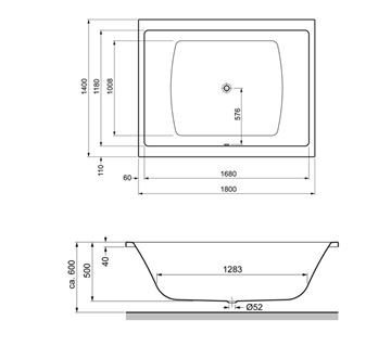 GKI MEMO vaňa 180x140 cm, pre 2 osoby, bez nožičiek, akrylát MEBW180140W Technický nákres