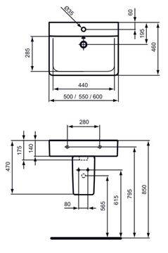 CONCEPT CUBE umývadlo 50 cm s otvorom pre batériu a prepadom, alpská biela E788101 Technický nákres