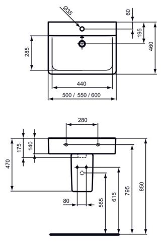CONCEPT CUBE umývadlo 50 cm s otvorom pre batériu a prepadom, alpská biela E788101 Technický nákres