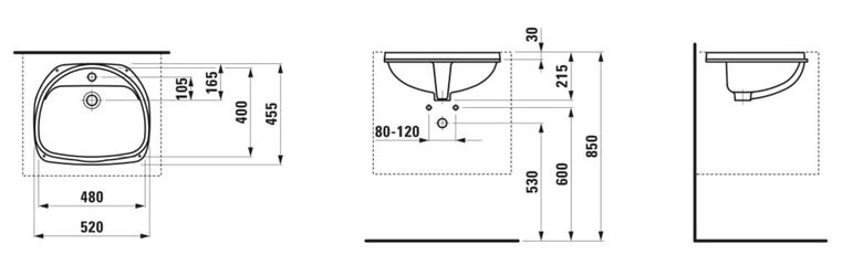 LAUFEN BIJOU umývadlo 48 cm, s otvorom pre batériu a prepadom H8112300000001 Technický nákres