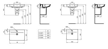 CONCEPT CUBE 2.0 umývadlo 60 cm, s otvorom pre batériu a prepadom E076601 Technický nákres