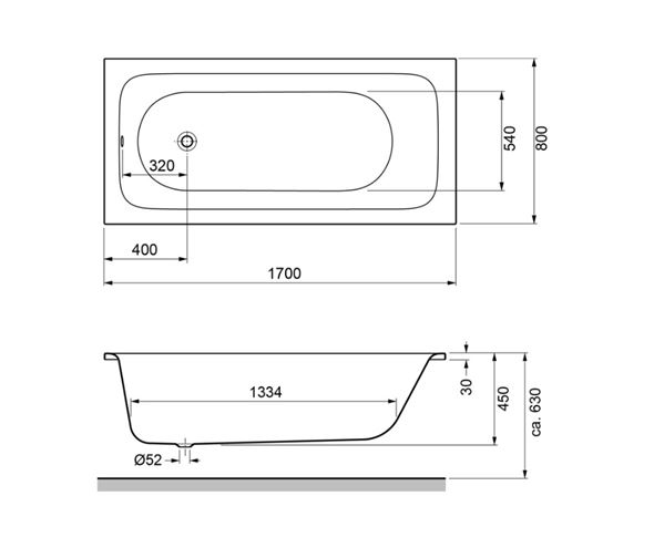 GKI SOFT vaňa 170x80 cm, bez nožičiek, akrylát SOBW17080FW Technický nákres