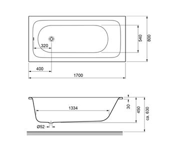 GKI SOFT vaňa 170x80 cm, bez nožičiek, akrylát SOBW17080FW Technický nákres
