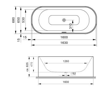 GKI UNO 2.0 voľne stojaca vaňa 163x68 cm, s rámom, akrylát UN2BW16368OSWM Technický nákres