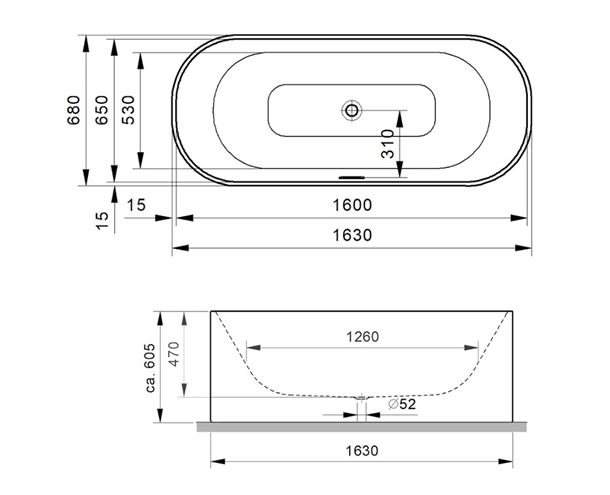 GKI UNO 2.0 voľne stojaca vaňa 163x68 cm, s rámom, akrylát UN2BW16368OSWM Technický nákres