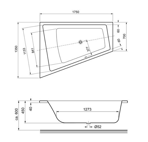 GKI MEMO rohová vaňa 175x135 cm, pre 2 osoby, bez nožičiek, akrylát MEBWE175135LW Technický nákres