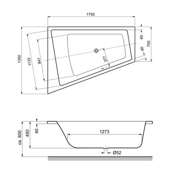 GKI MEMO rohová vaňa 175x135 cm, pre 2 osoby, bez nožičiek, akrylát MEBWE175135LW Technický nákres