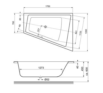 GKI MEMO rohová vaňa 175x135 cm, pre 2 osoby, bez nožičiek, akrylát MEBWE175135RW Technický nákres
