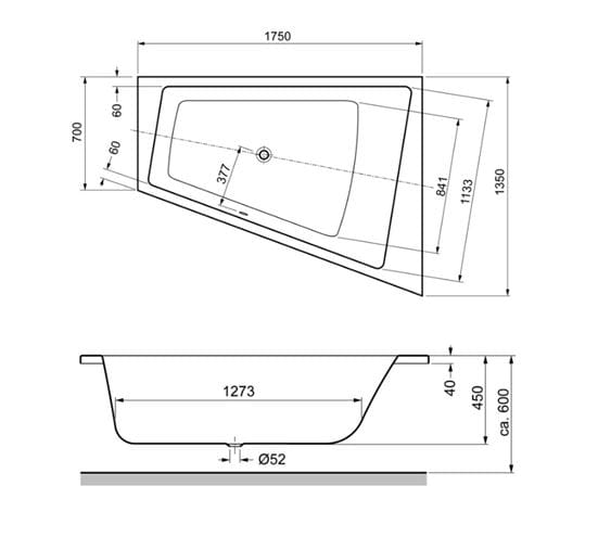 GKI MEMO rohová vaňa 175x135 cm, pre 2 osoby, bez nožičiek, akrylát MEBWE175135RW Technický nákres