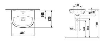JIKA ZETA umývadielko 40 cm, s otvorom pre batériu a prepadom H8153930001041 Technický nákres